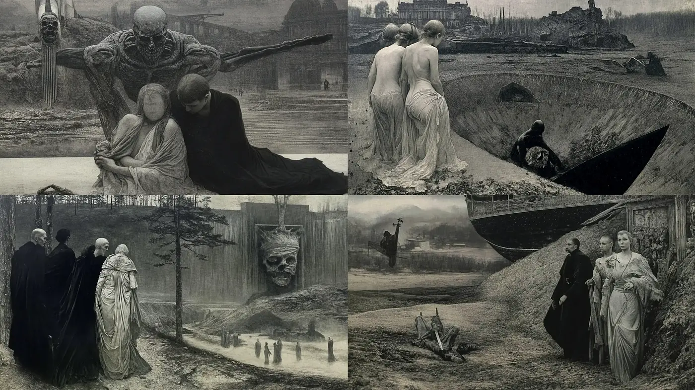 Echoes of Dark Romanticism & Symbolism in Monochromatic Tableaus - Midjourney sref style