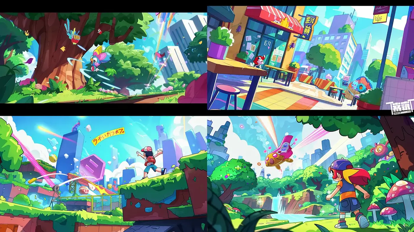 Vibrant digital landscapes blending nature and urban elements with a playful atmosphere - Midjourney sref style
