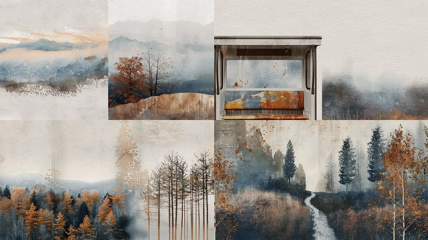Subtle Earth-Toned Nostalgic Scenery in Textured Mixed Media - Midjourney sref style