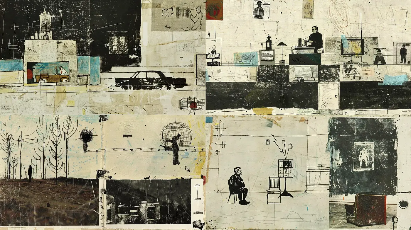 Collaged Echoes of Nostalgic Narratives in Monochrome Mixed Media - Midjourney sref style
