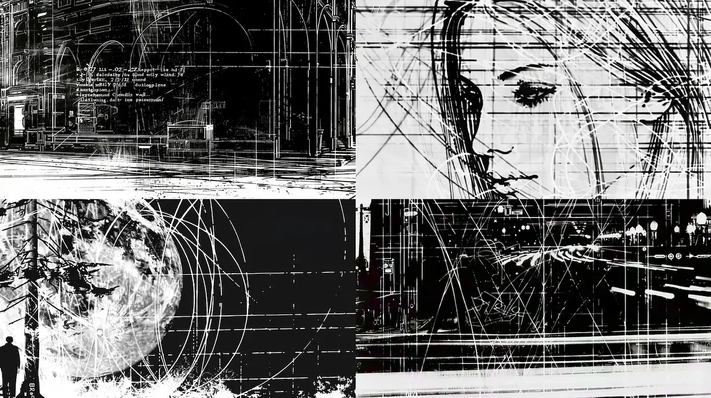 Abstract Linear Chaos: Monochrome Scratchboard Art - Midjourney sref style