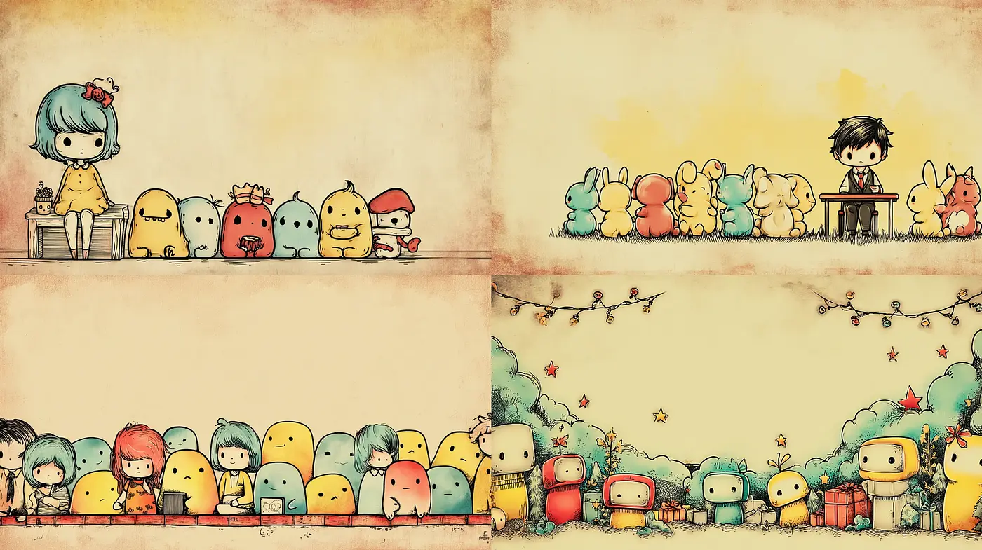 Charming whimsical illustrations with a playful yet nostalgic essence - Midjourney sref style
