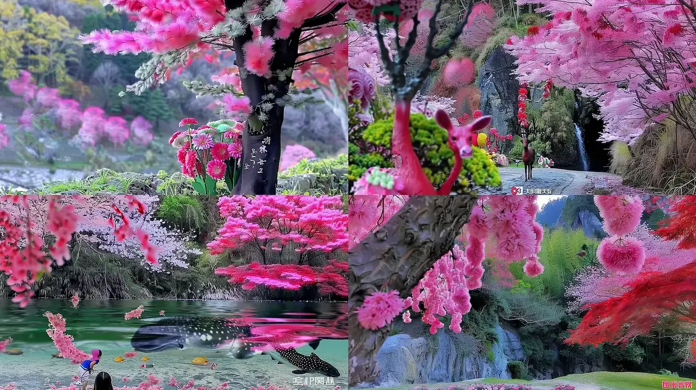 Serene Fantasy Landscapes with Vibrant Floral Elements - Midjourney sref style