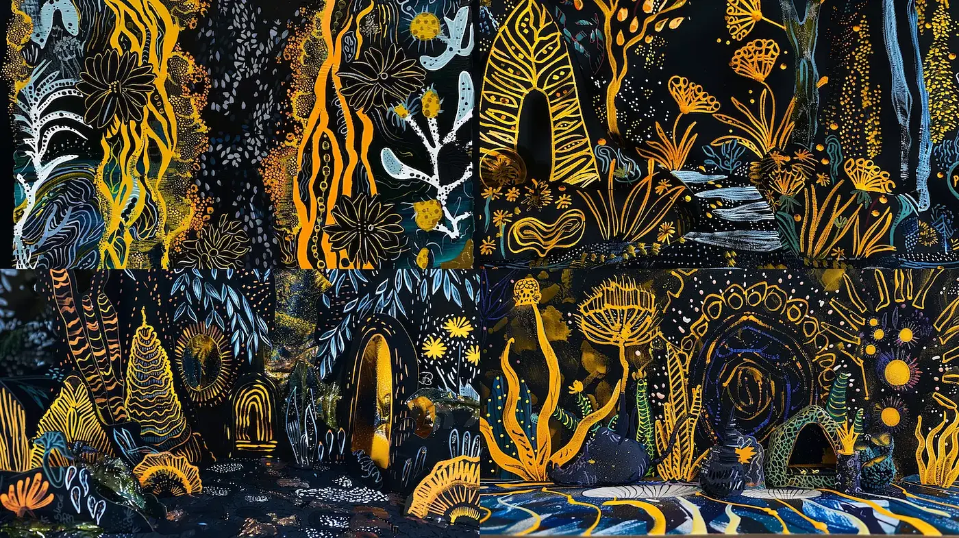 Whimsical and Enigmatic Underwater Narrative with Intricate Patterns - Midjourney sref style