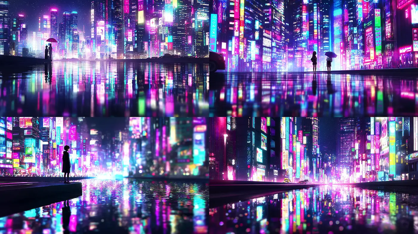 Neon-drenched urban landscapes with reflective surfaces and ambient light - Midjourney sref style