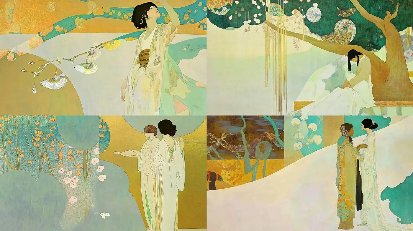 Ethereal Elegance in a Fusion of Art Nouveau and Oriental Aesthetics - Midjourney sref style