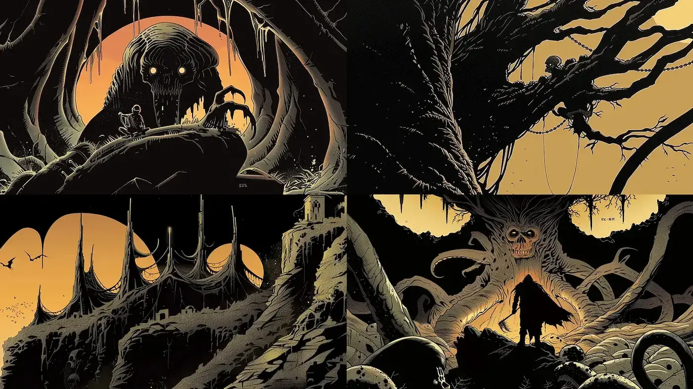Eerie Nocturnal Landscape with Surreal Elements and Dark Fantasy Undertones - Midjourney sref style