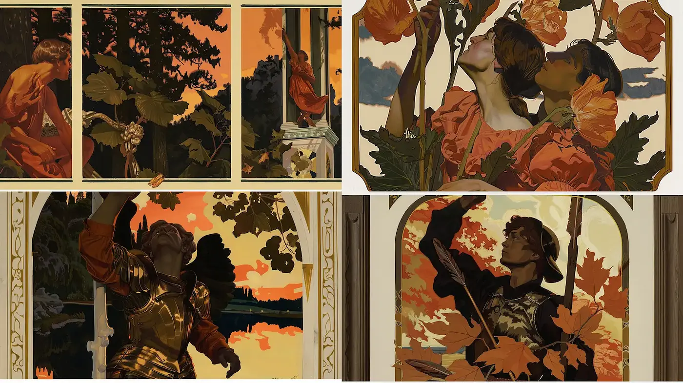 Art Nouveau with Seasonal Themes and a Symbolic Aesthetic - Midjourney sref style