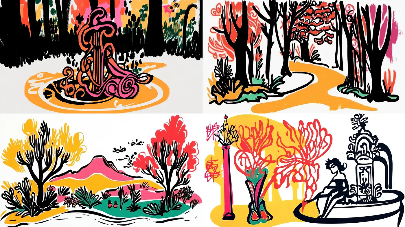 Vibrant Expressionist Garden Scenes with Bold Outlines - Midjourney sref style