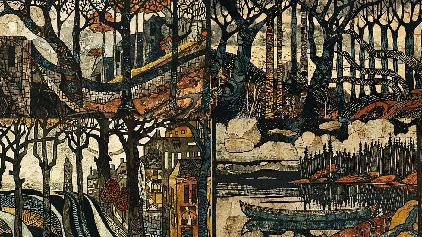 Whimsical Tapestry of Enigmatic Realms: A Fusion of Rustic Tones and Stylized Nature - Midjourney sref style