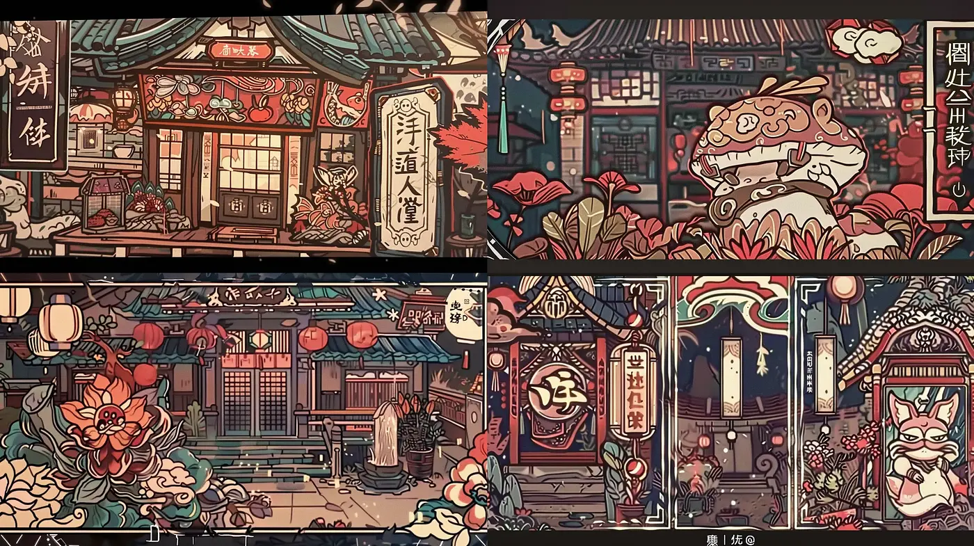 Stylized Retro-Asiatic Streetscape Illustrations - Midjourney sref style