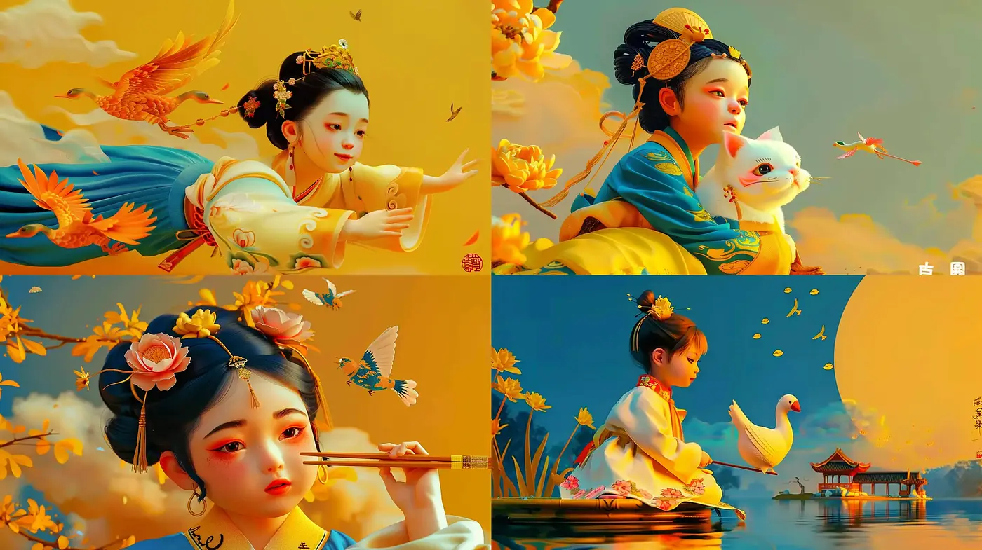 Ethereal Oriental Dreamscape in Luminous Gold and Azure - Midjourney sref style