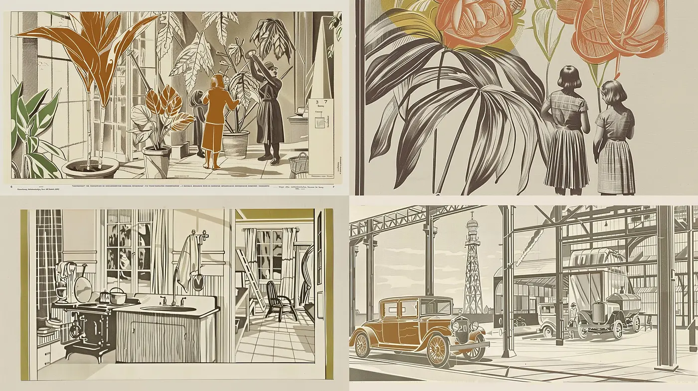 Sepia-Toned Echoes of Industrial and Domestic Serenity - Midjourney sref style
