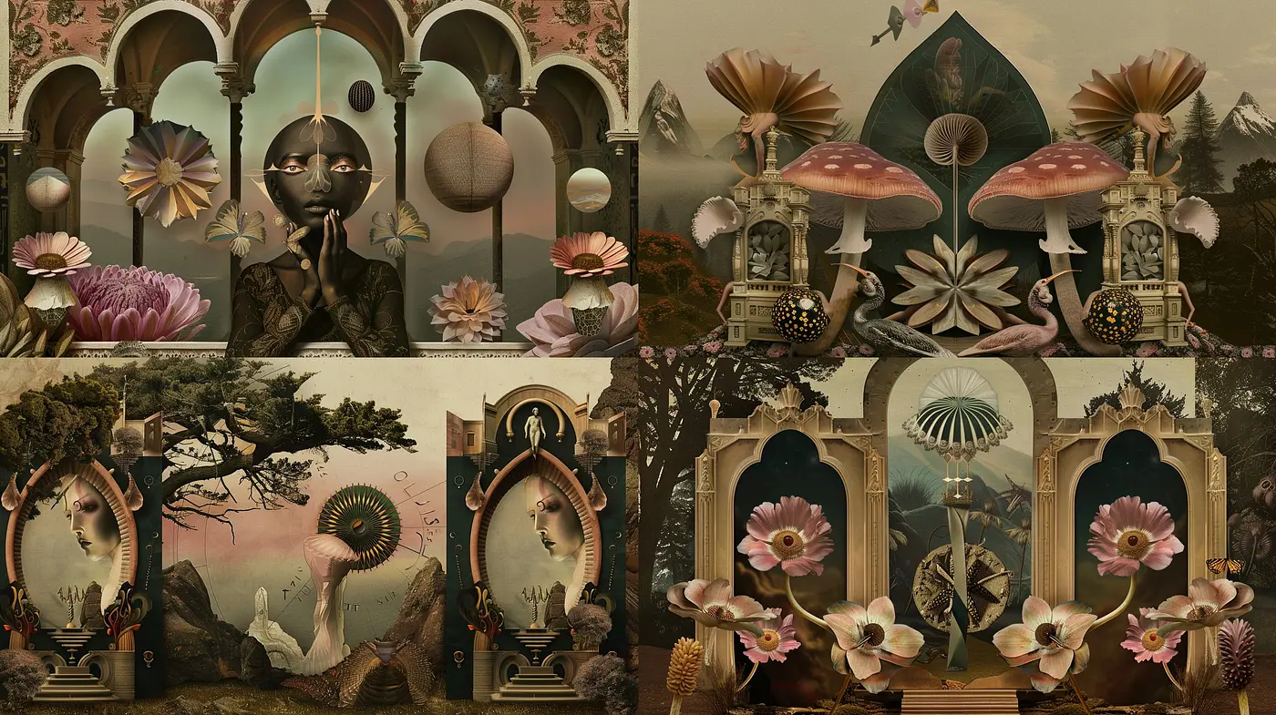 Surreal Dreamscape Blending Neoclassical Architecture with Organic Elements and Sepia Overtones - Midjourney sref style