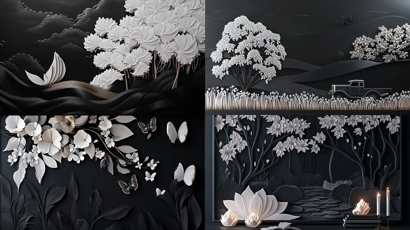 Monochromatic Elegance: Nocturnal Florals and Contrasted Silhouettes - Midjourney sref style