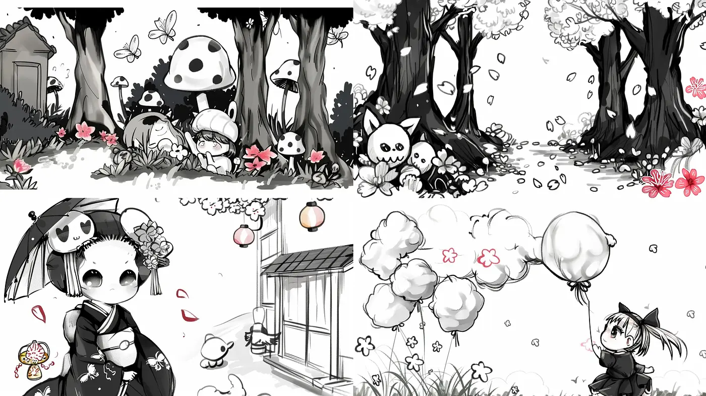 Monochromatic Whimsy in Stylized Ink Illustrations - Midjourney sref style