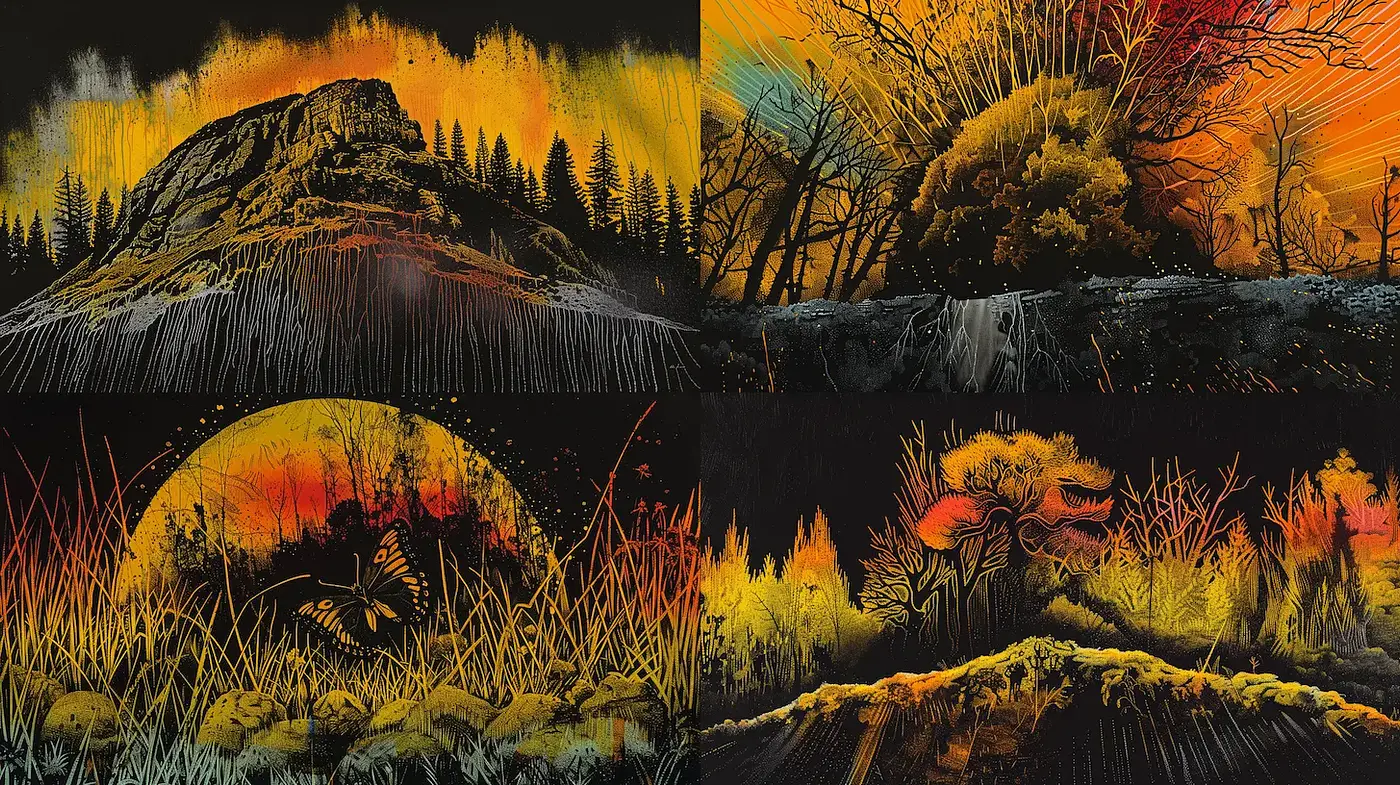 Vibrant Landscape Art with Dynamic Textures and Linear Patterns - Midjourney sref style