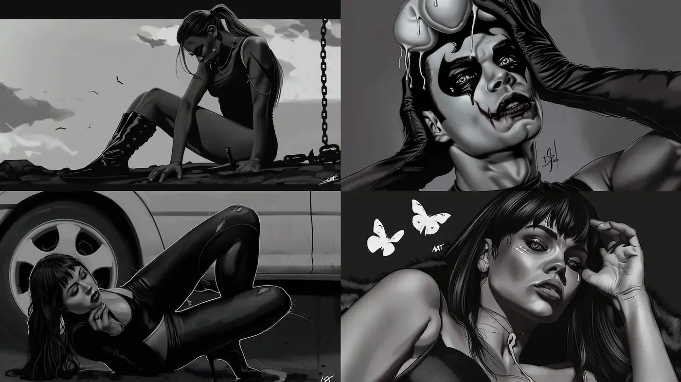 Bold and Dramatic Noir Style with High Contrast Elements - Midjourney sref style