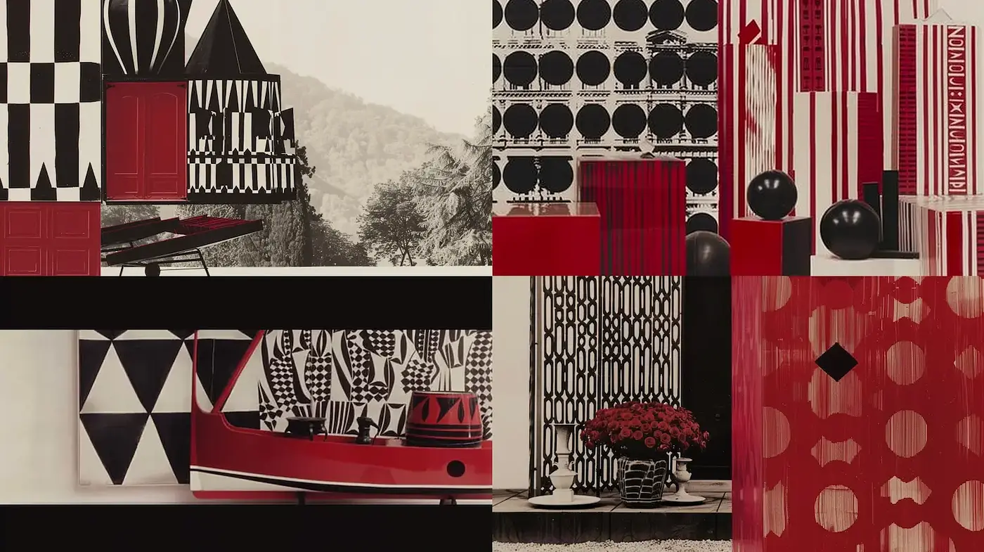 Contrasting Monochrome and Bold Red: A Fusion of Modern Minimalism and Graphic Design - Midjourney sref style