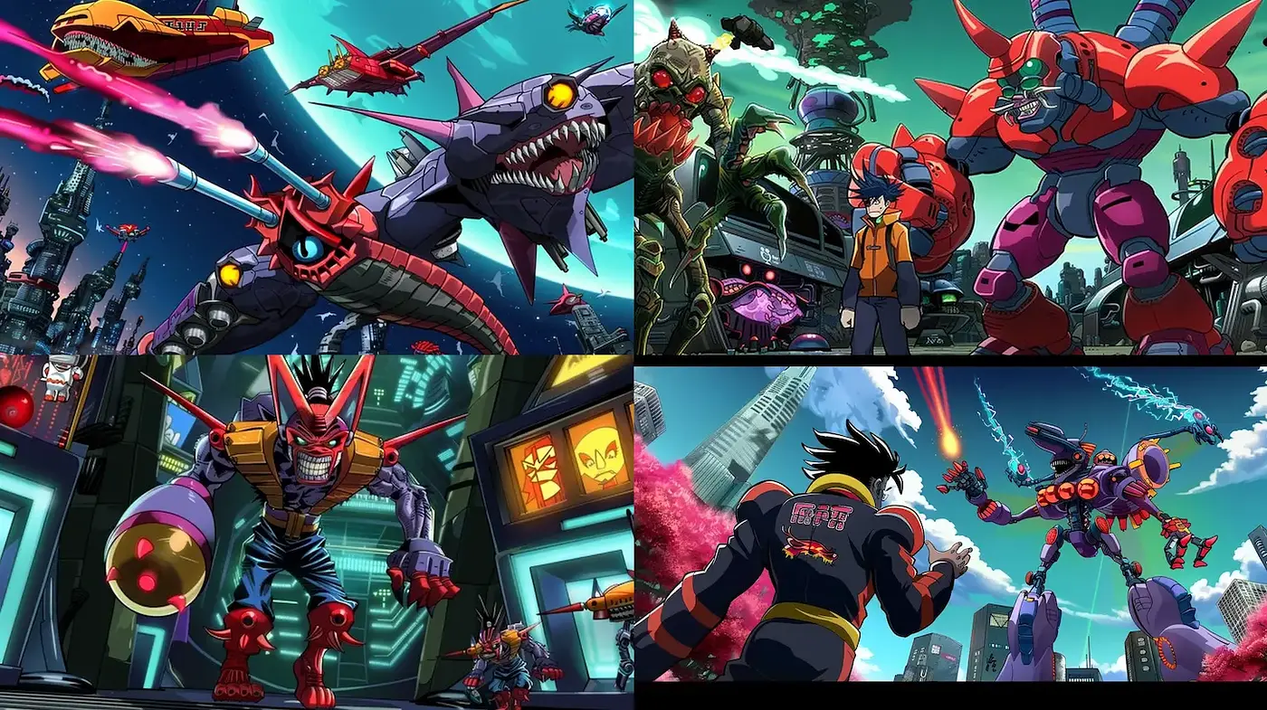 Dynamic and Colorful Futuristic Anime Style with Robust Textures - Midjourney sref style