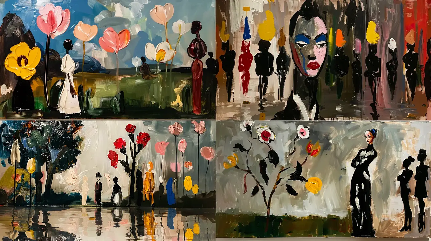 Abstract Silhouetted Figures Amidst a Vivid Dreamscape - Midjourney sref style