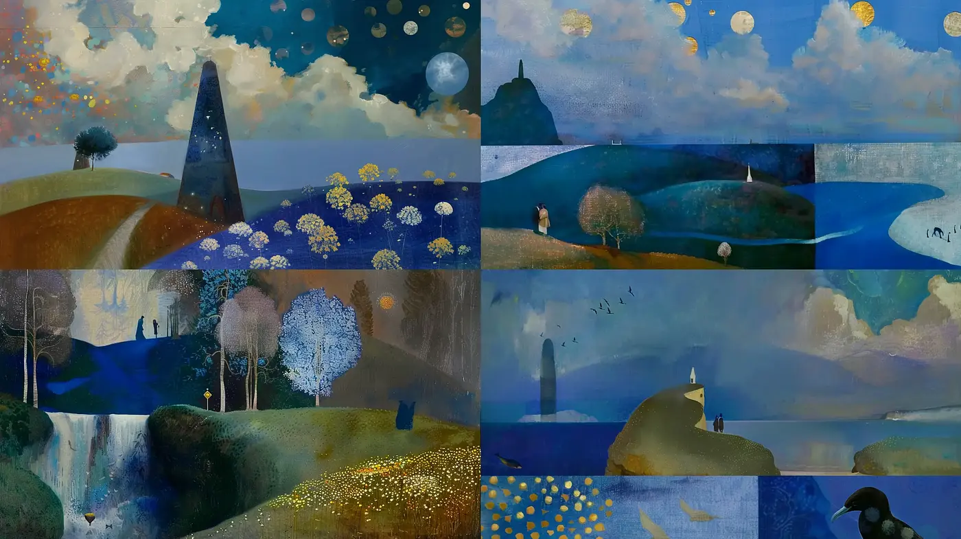 Moonlit Azure Dreamscapes with Golden Accentuations - Midjourney sref style