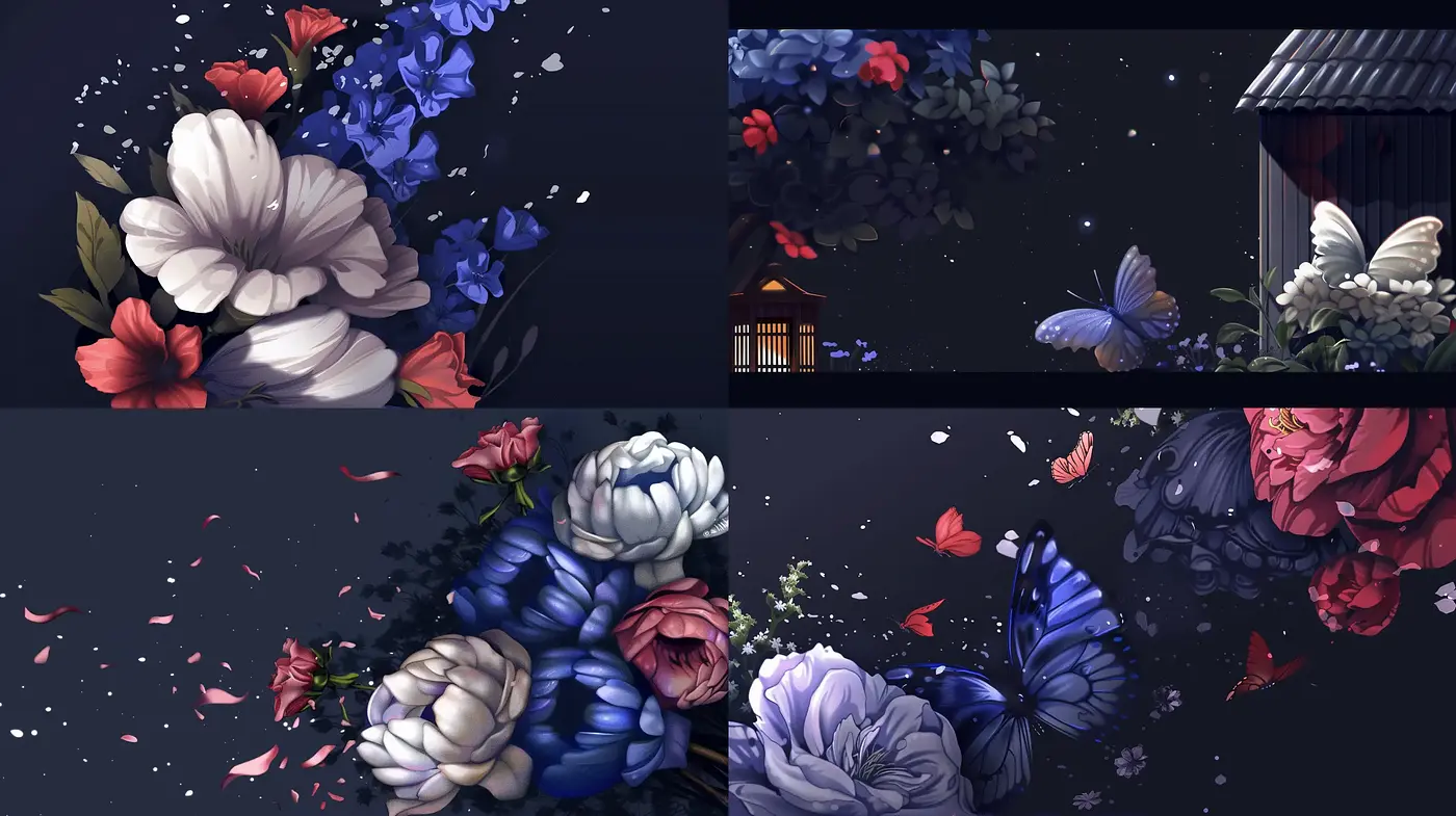 Nocturnal Blossoms and Butterflies: A Dreamlike Harmony - Midjourney sref style