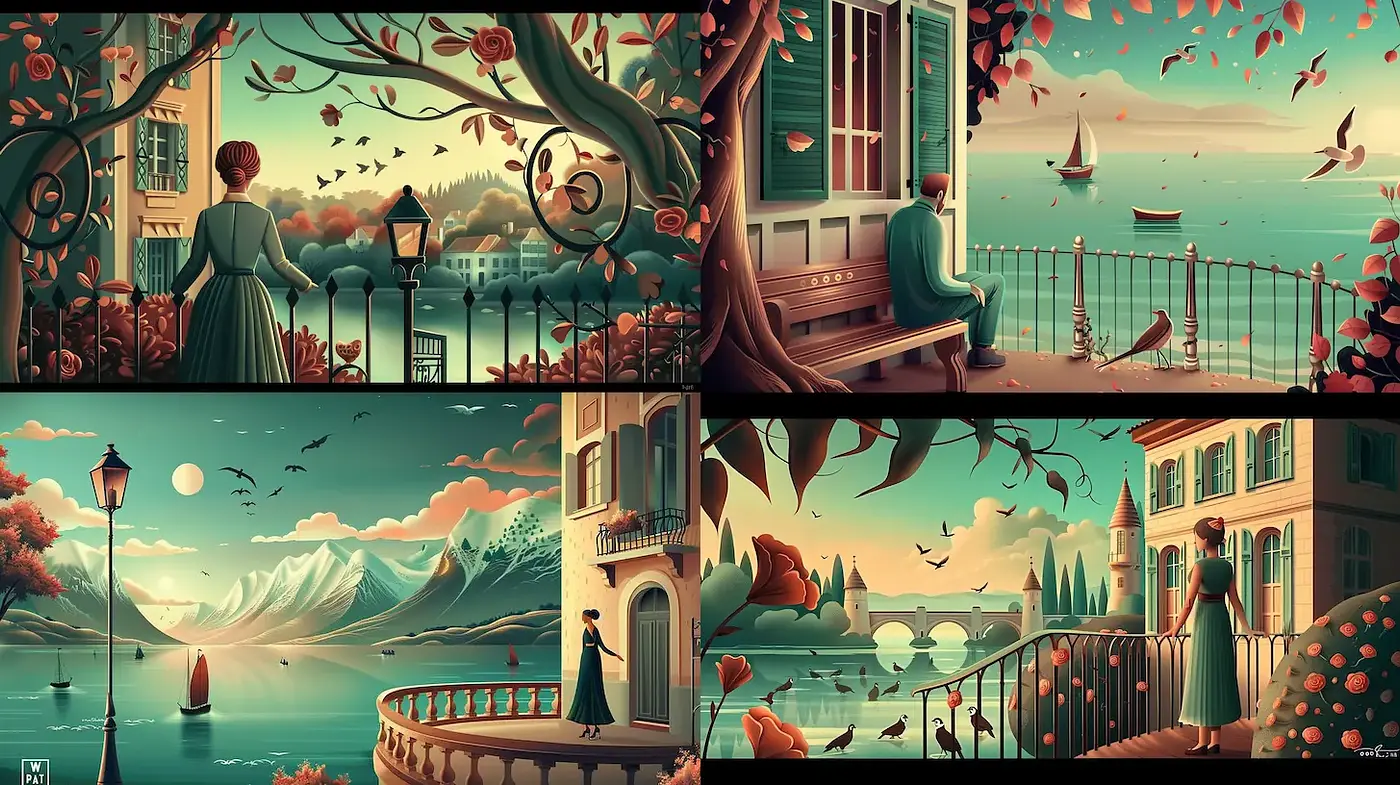 Whimsical and Dreamy Landscapes with Elegant Figures in Pastel Hues - Midjourney sref style