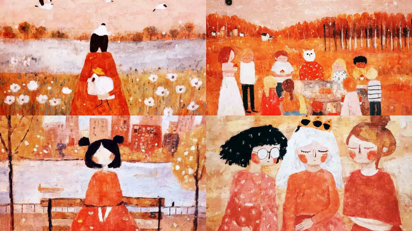 Warm and Whimsical Illustrations with a Playful Narrative - Midjourney sref style