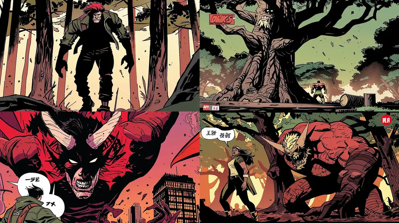 Dynamic, stylized comic art with vivid contrasts and expressive characters - Midjourney sref style