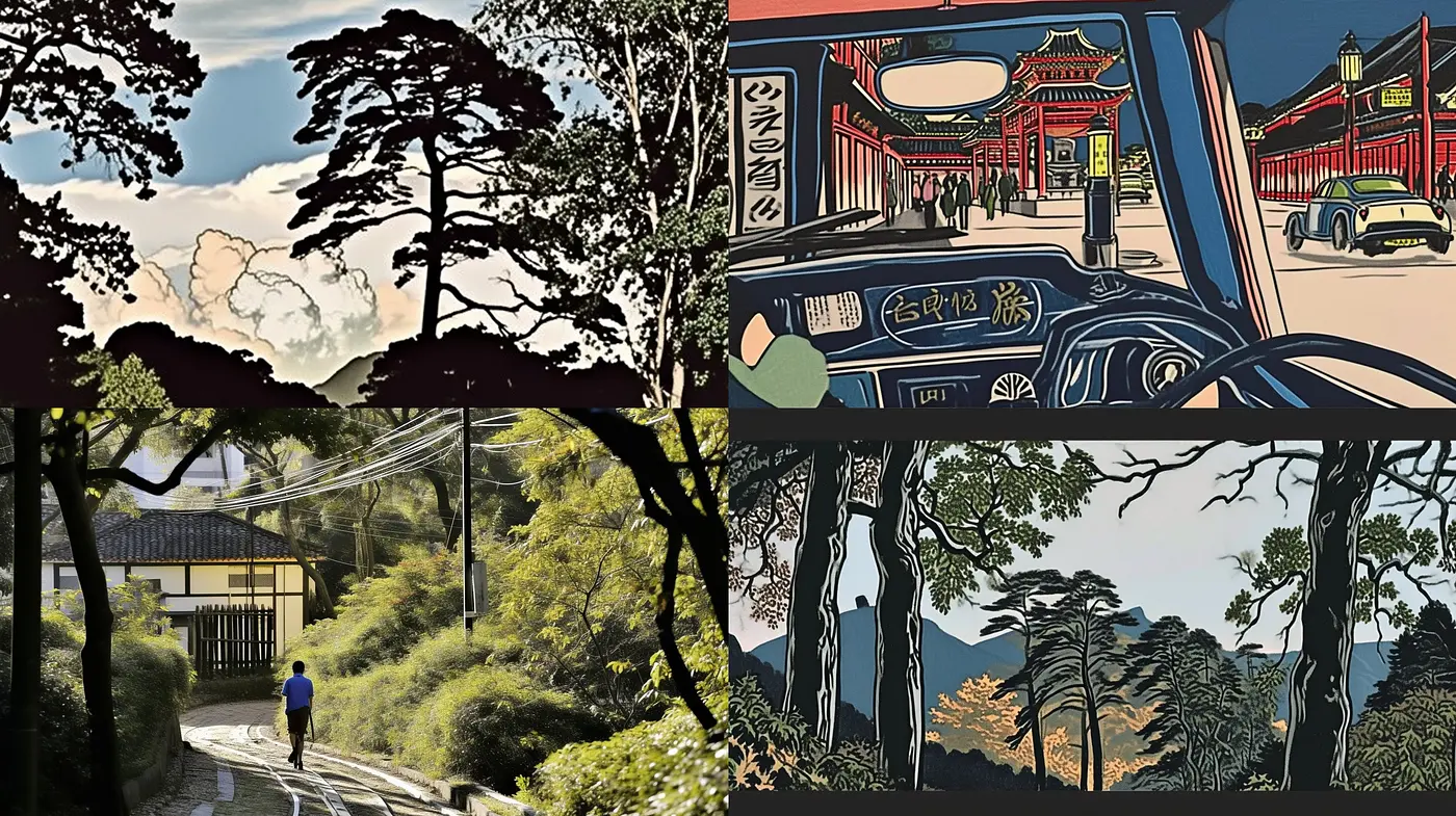 Serene Traditional Panoramas with a Stylized Graphic Novel Appeal - Midjourney sref style