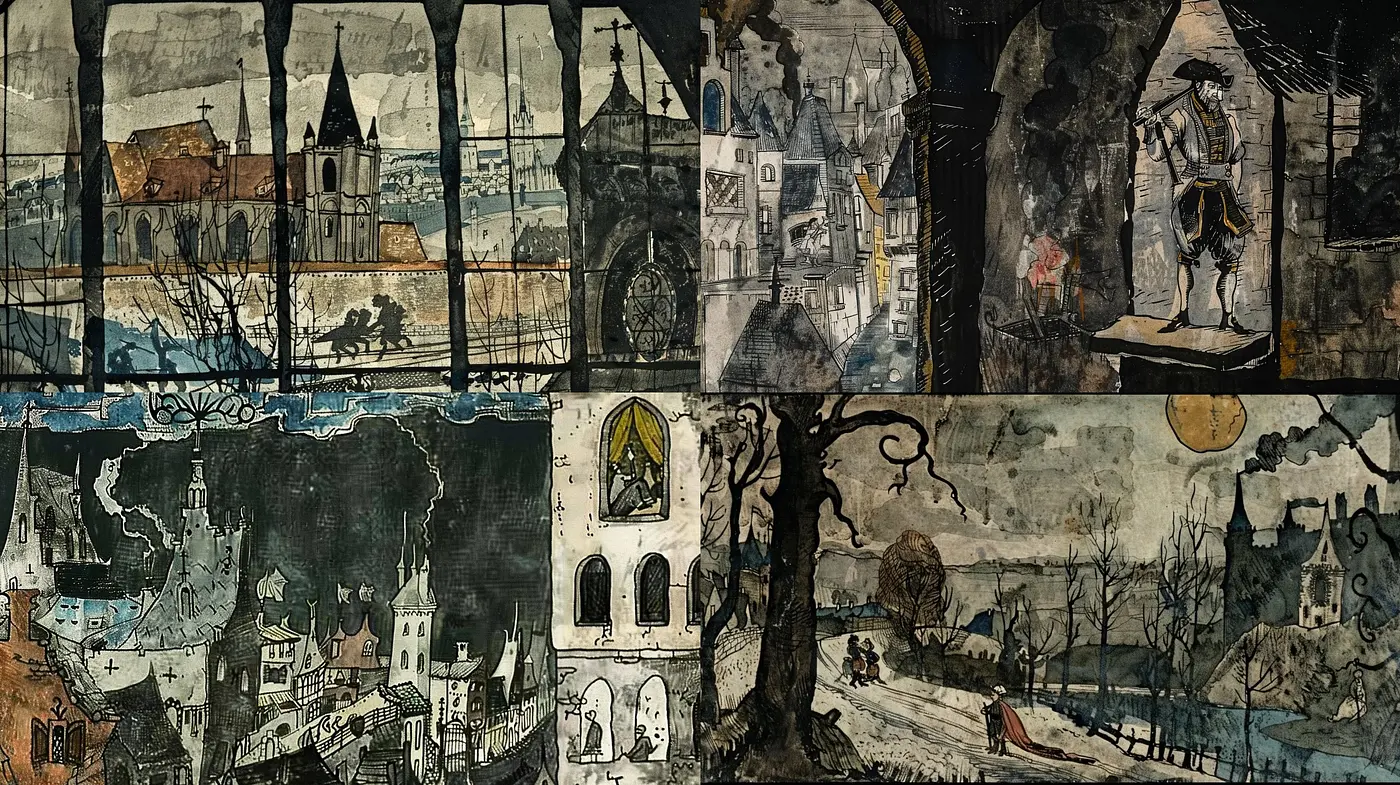 Gothic Reverie: A Tapestry of Melancholic Medieval Scenes - Midjourney sref style
