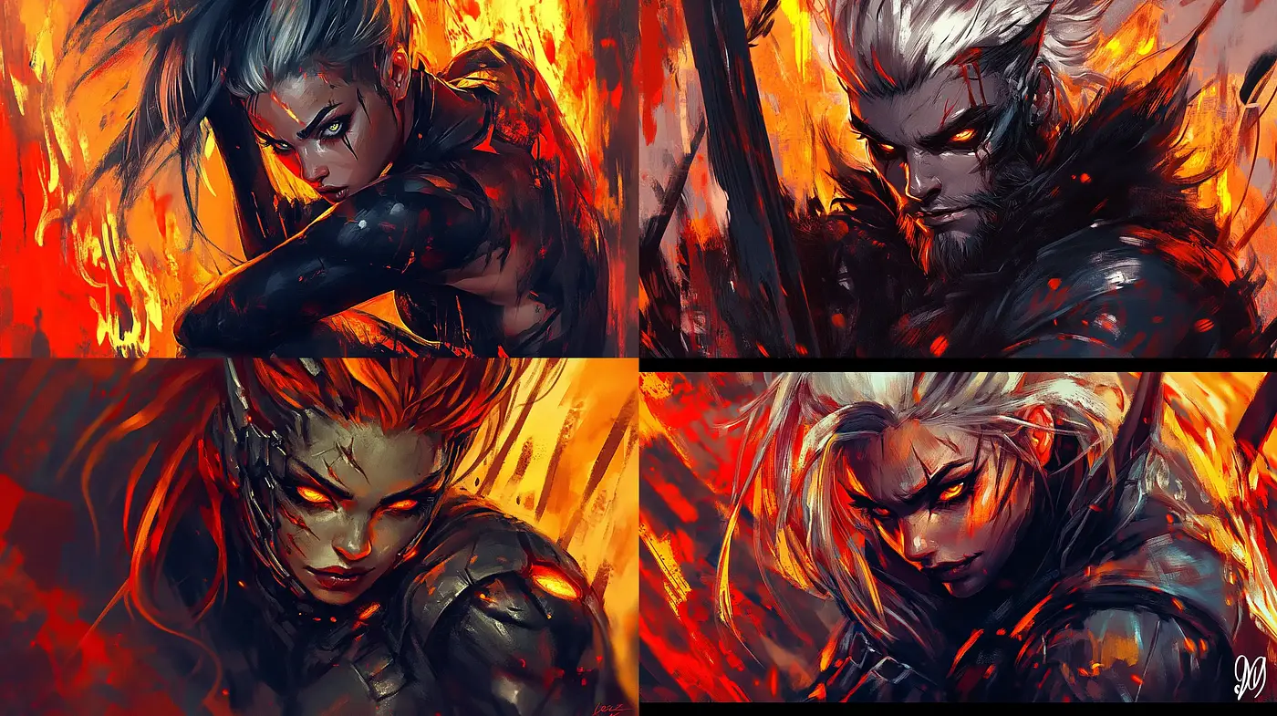 Fiery Dynamic Brushwork with a Dramatic Anime Essence - Midjourney sref style