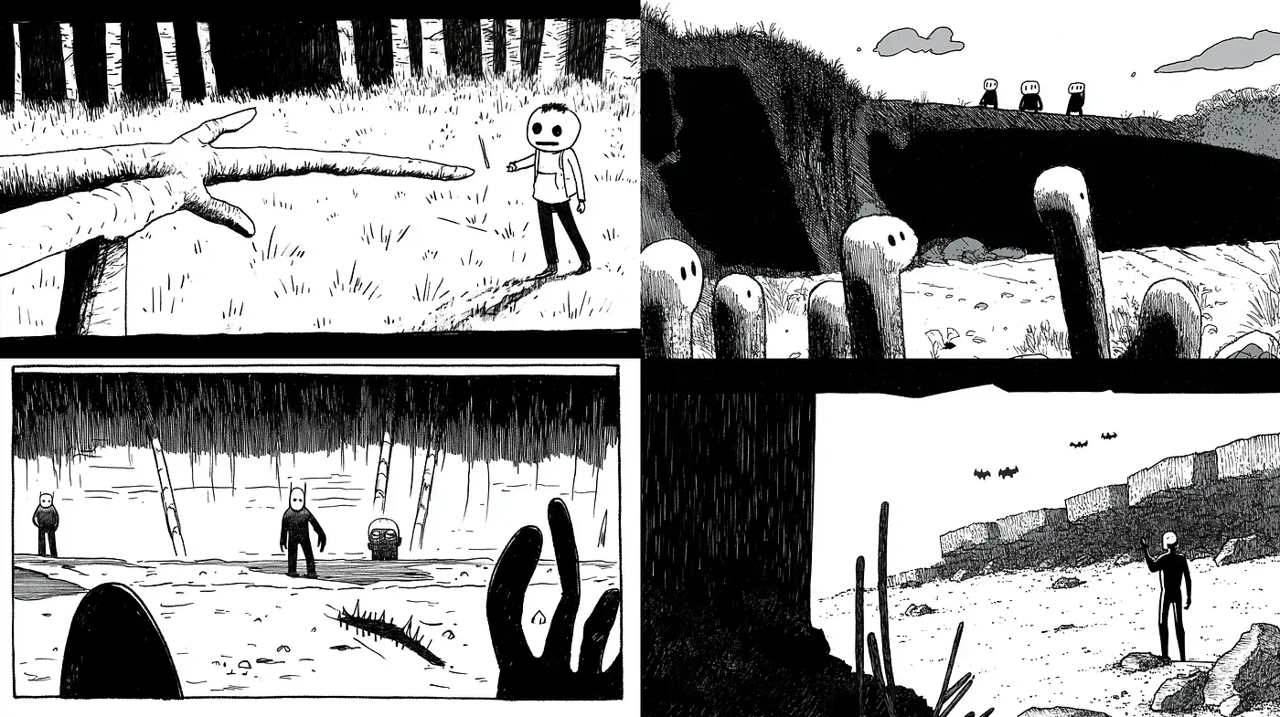 Monochromatic Dreamscape in Stippling and Crosshatching - Midjourney sref style