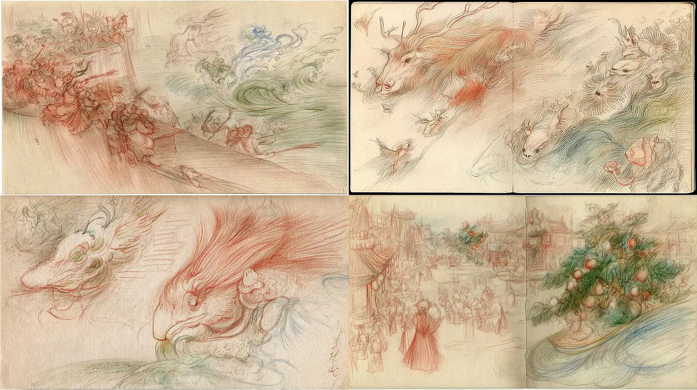 Whimsical and Ethereal Sketches with Fluid Dynamics - Midjourney sref style