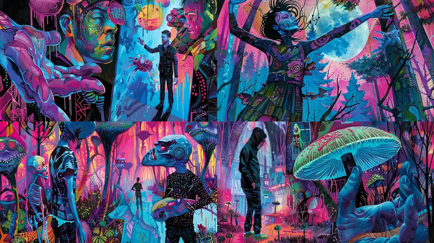 Psychedelic surrealism with vibrant, atmospheric exploration - Midjourney sref style