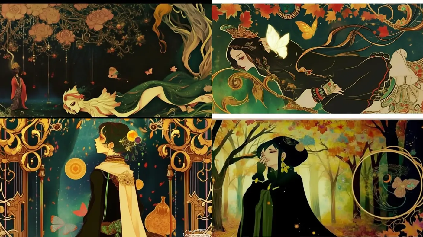 Enchanted Autumnal Art Nouveau Fusion with Anime Inspirations - Midjourney sref style