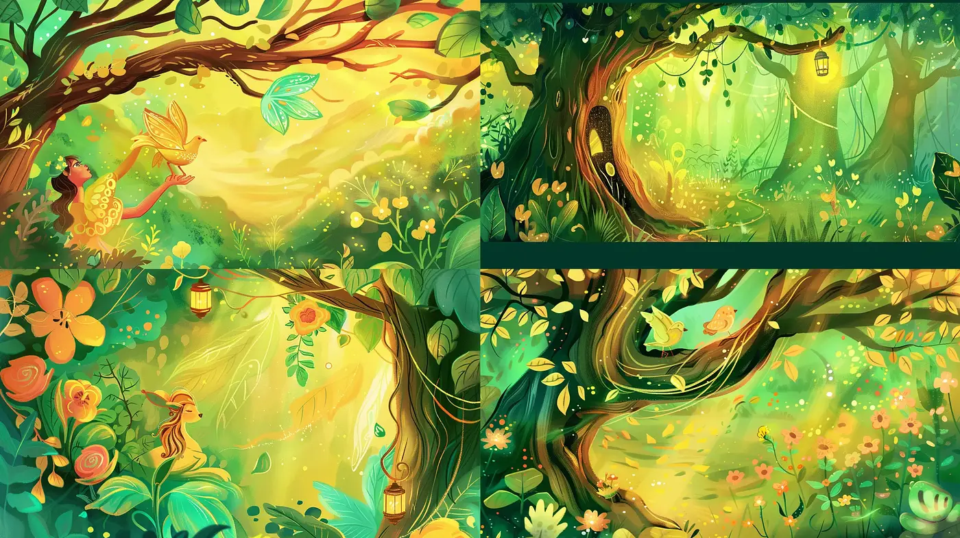 Enchanted Forest Whimsy: A Lush, Vibrant, and Storybook Illustration Series - Midjourney sref style