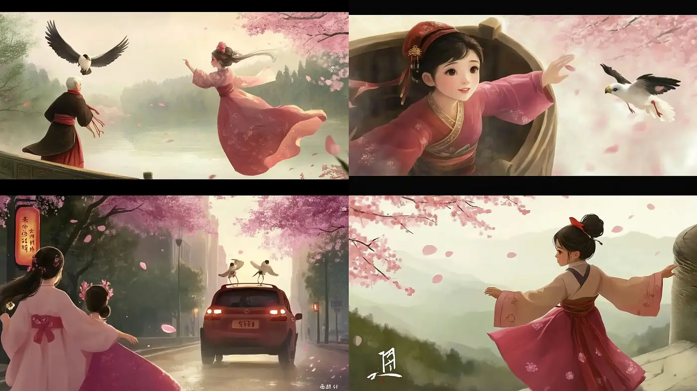 Ephemeral Dance of Cherry Blossoms: An Idyllic Fusion of Traditional Elegance and Pastoral Tranquility - Midjourney sref style