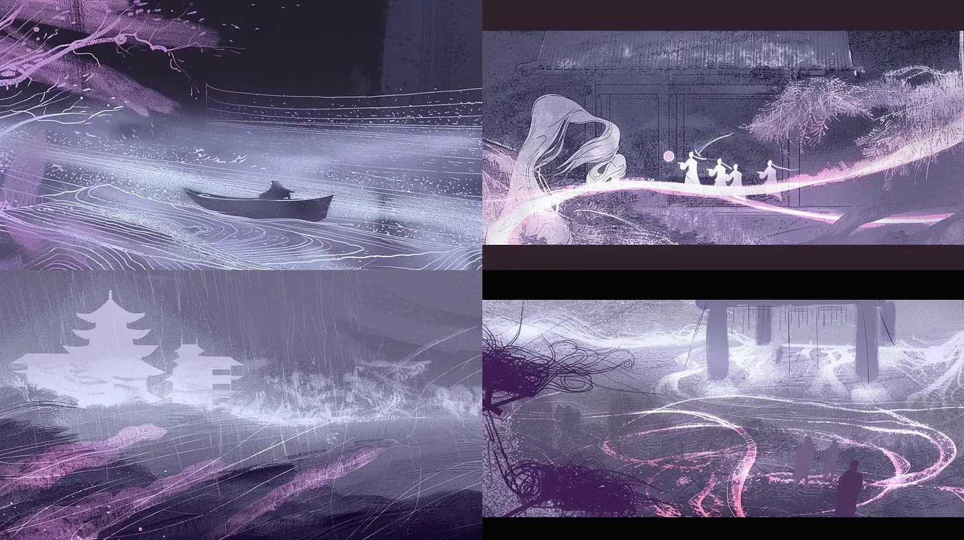 Ethereal Monochromatic Dreamscape in Mauve and Lavender Hues - Midjourney sref style