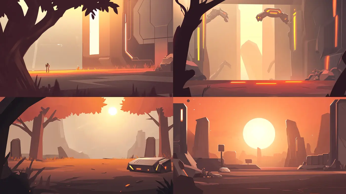 Futuristic Dystopian Dawn: A Harmonious Blend of Sunrise Hues and Ruins - Midjourney sref style