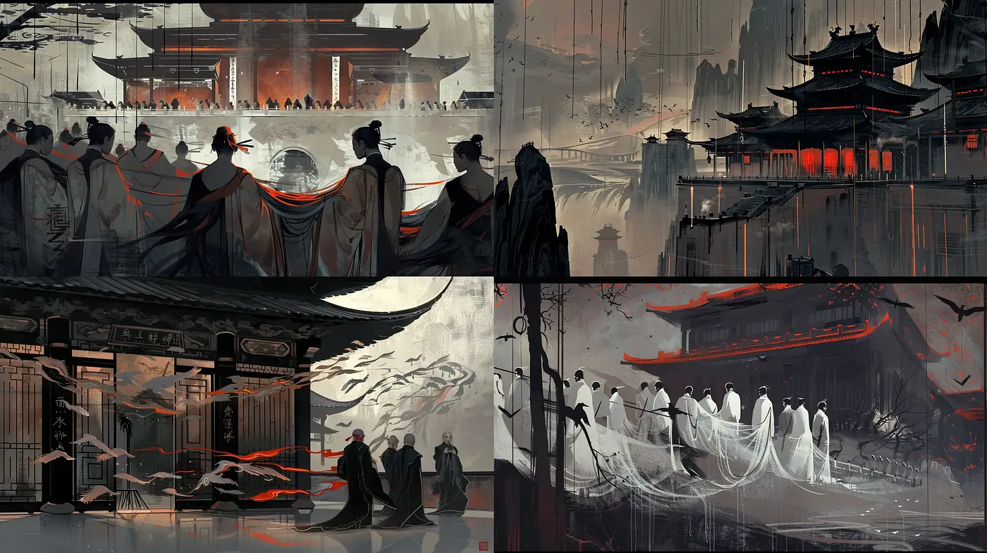 Monochromatic Eastern Tales: A Stylized Homage to Ancient Mythology - Midjourney sref style