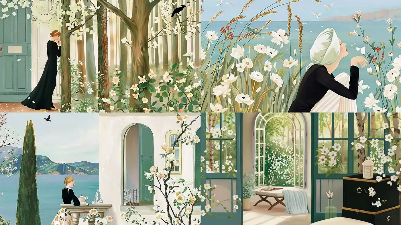 Serene Botanical Elegance with a Soft Vintage Illustration Influence - Midjourney sref style