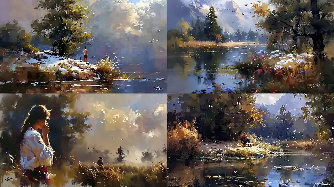 Serene Landscapes with a Touch of Impressionism and Poetic Vibes - Midjourney sref style
