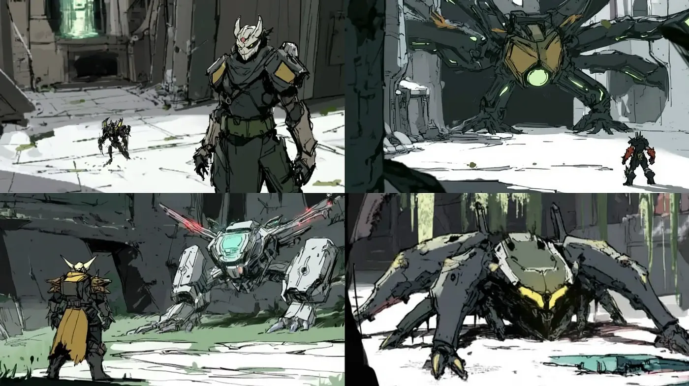 Futuristic Dystopian Sketch: Consistent Elements of a Ruined World - Midjourney sref style