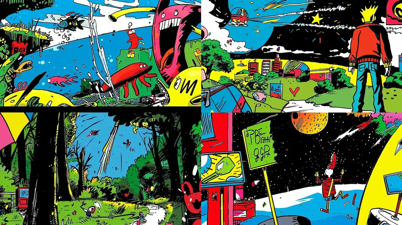 Vibrant Comic-Style Art with Cartoony Exaggeration and Dynamic Composition - Midjourney sref style