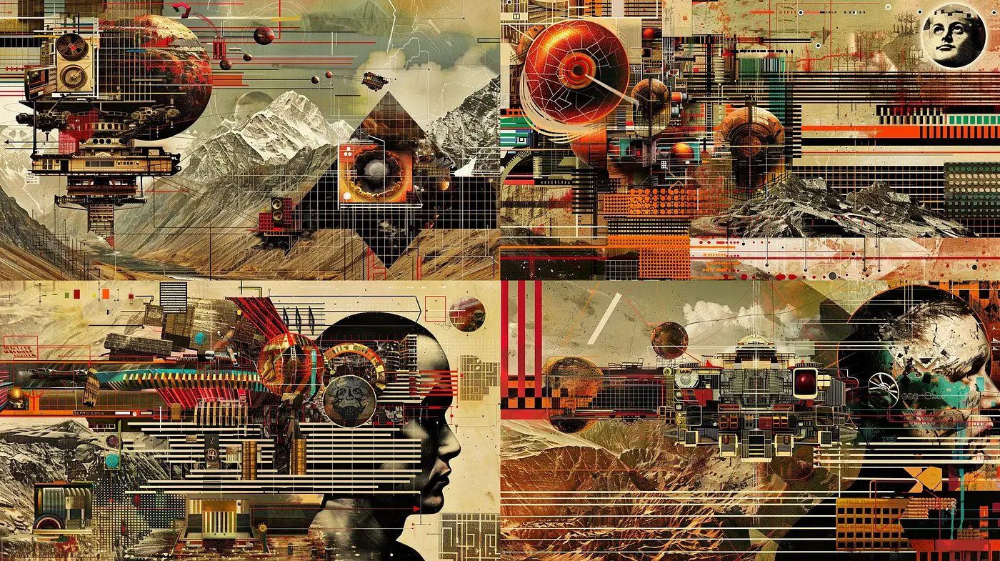 Complex Geometric Collage with Rustic Sci-Fi Essence - Midjourney sref style