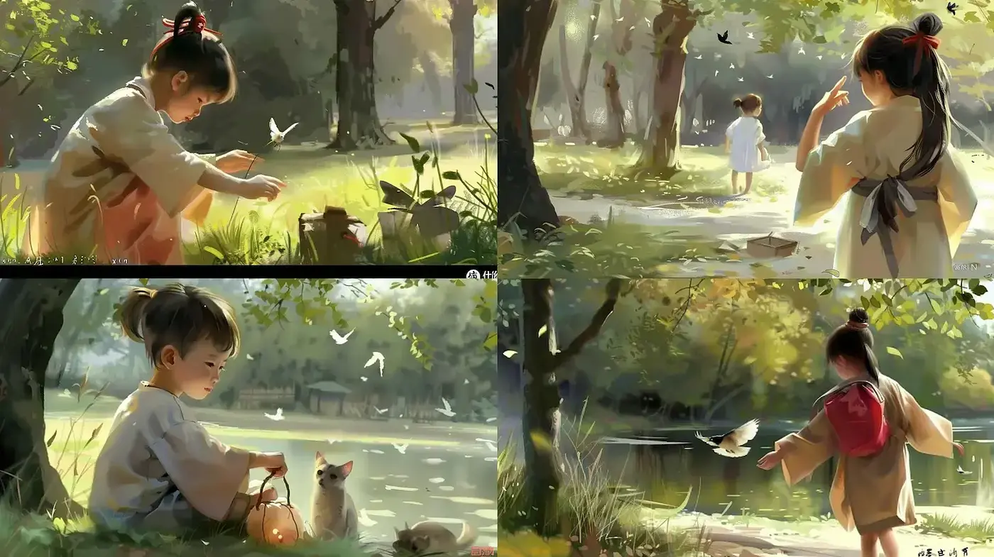 Whimsical and serene scenes of childhood in nature with a warm tone - Midjourney sref style