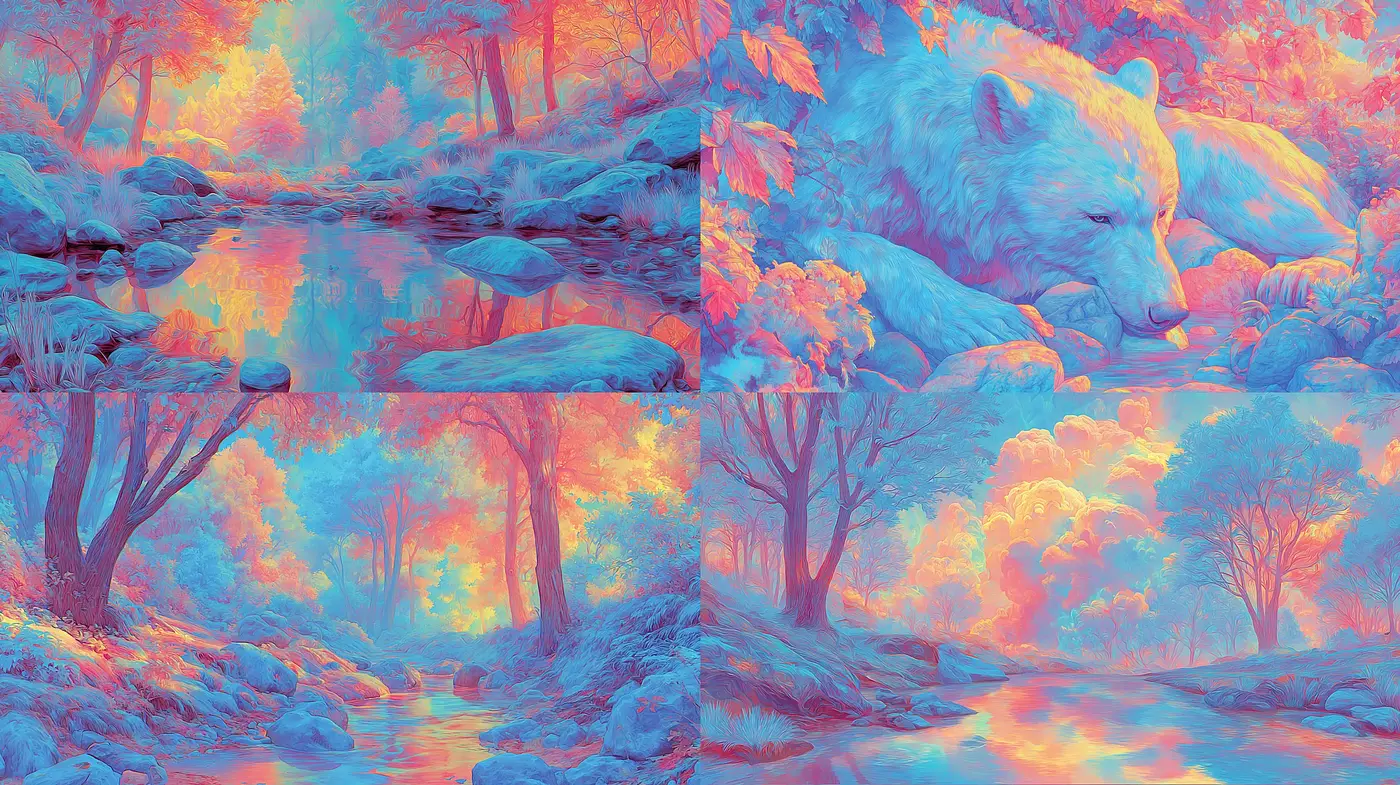 Ethereal landscapes with vibrant color contrasts and soft textures - Midjourney sref style