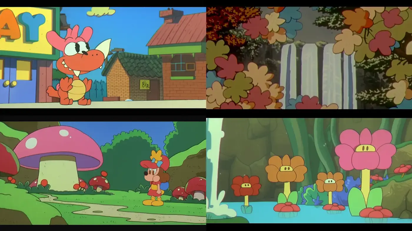 Vibrant and whimsical cartoonish landscapes with playful characters and natural elements - Midjourney sref style